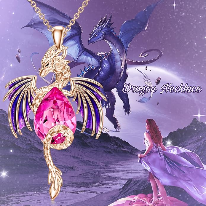 Dragon Necklace for Men Sterling Silver Birthstone Wyvern Necklace Embllished with Teardrop Shaped Crystal Jewelry for Women