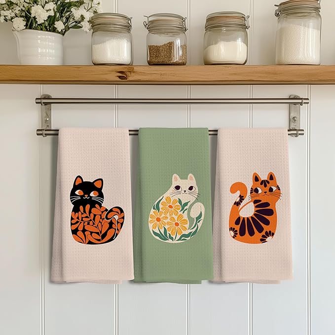 Cat Kitchen Towels - Cat Mom & Lady Gifts, 16x24 Inch Set of 3 Hand & Dish Tea Towels