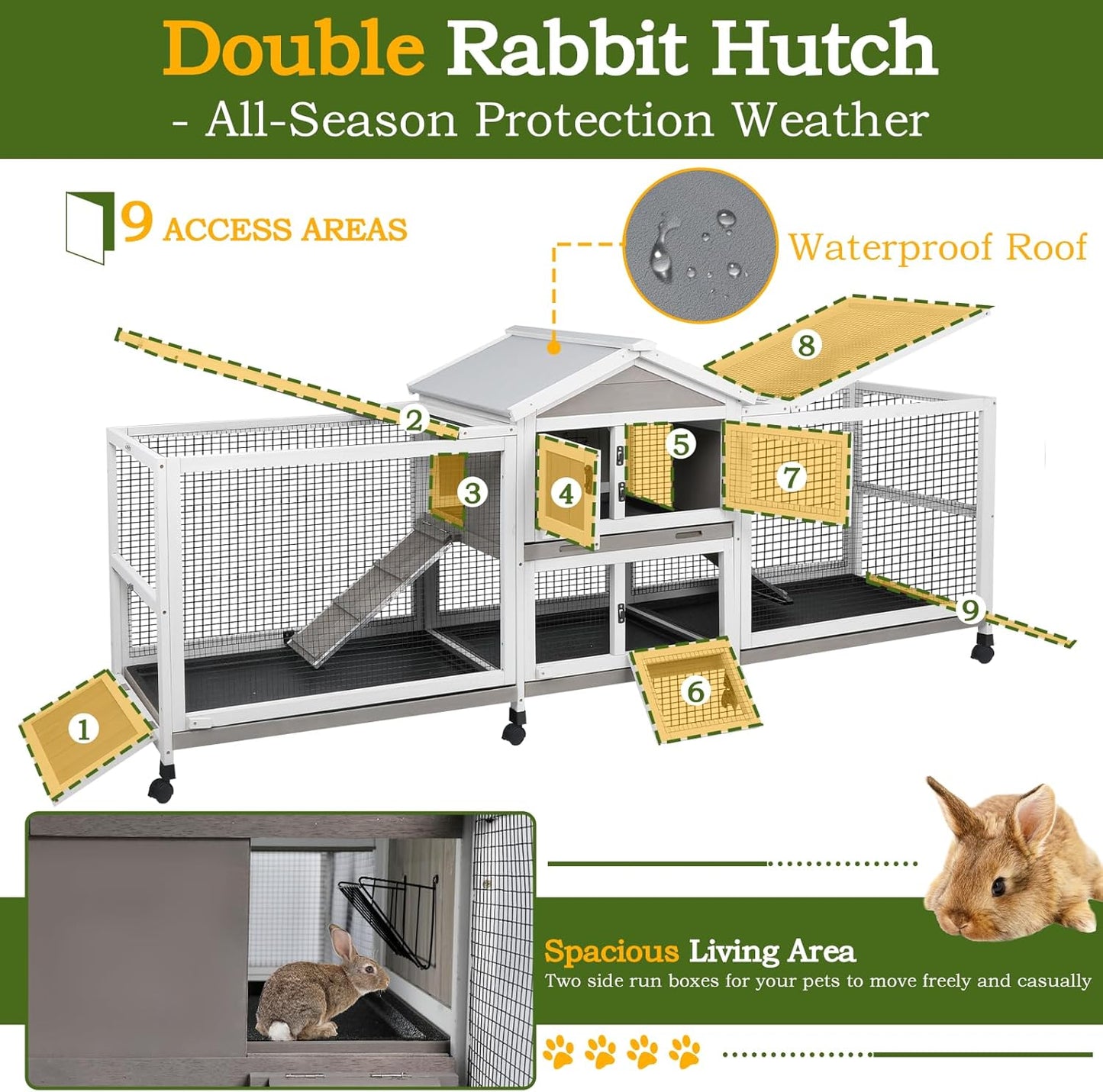 Double Rabbit Hutch Outdoor Indoor Large Bunny Cage with Dual Side Runs, 2-Story Wooden Hutch with 4 Leak Proof Trays, 8 Wheels, Waterproof Roof, Ramp, for Small to Medium Animals
