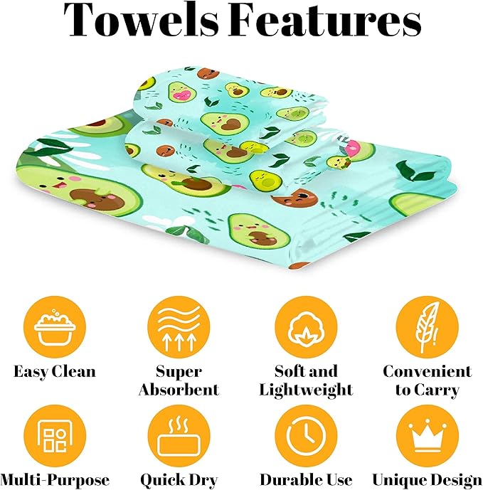 Cute Avocados 3 Piece Towel Bathroom Sets, 1 Bath Towel, 1 Washcloth, 1 Hand Towel, Cotton Fast Dry Soft Absorbent Towel Set for Home Kitchen Family