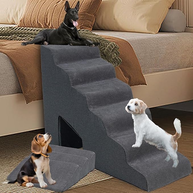Dog Stairs & Steps Ramps for High Beds 30 inches High Tall, LitaiL 6 Step Pet Stairs Steps for Small Large Dogs, Non-Slip Dog Ramps with 3 Pack Ramps for Staircase