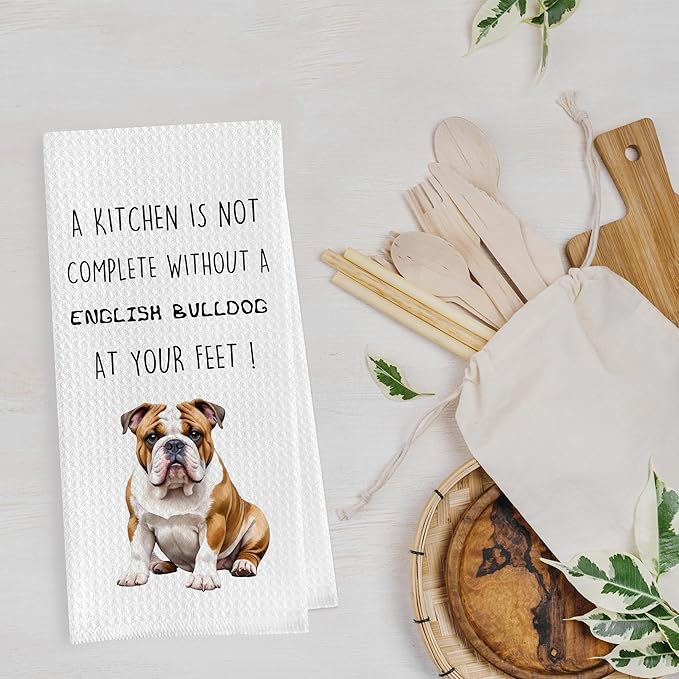 English Bulldog Dish Towels Set - Funny English Bulldog Gifts Decorative Waffle Weave Kitchen Towels, Hand Tea Towel, (16×24 Inches, Set of 2)