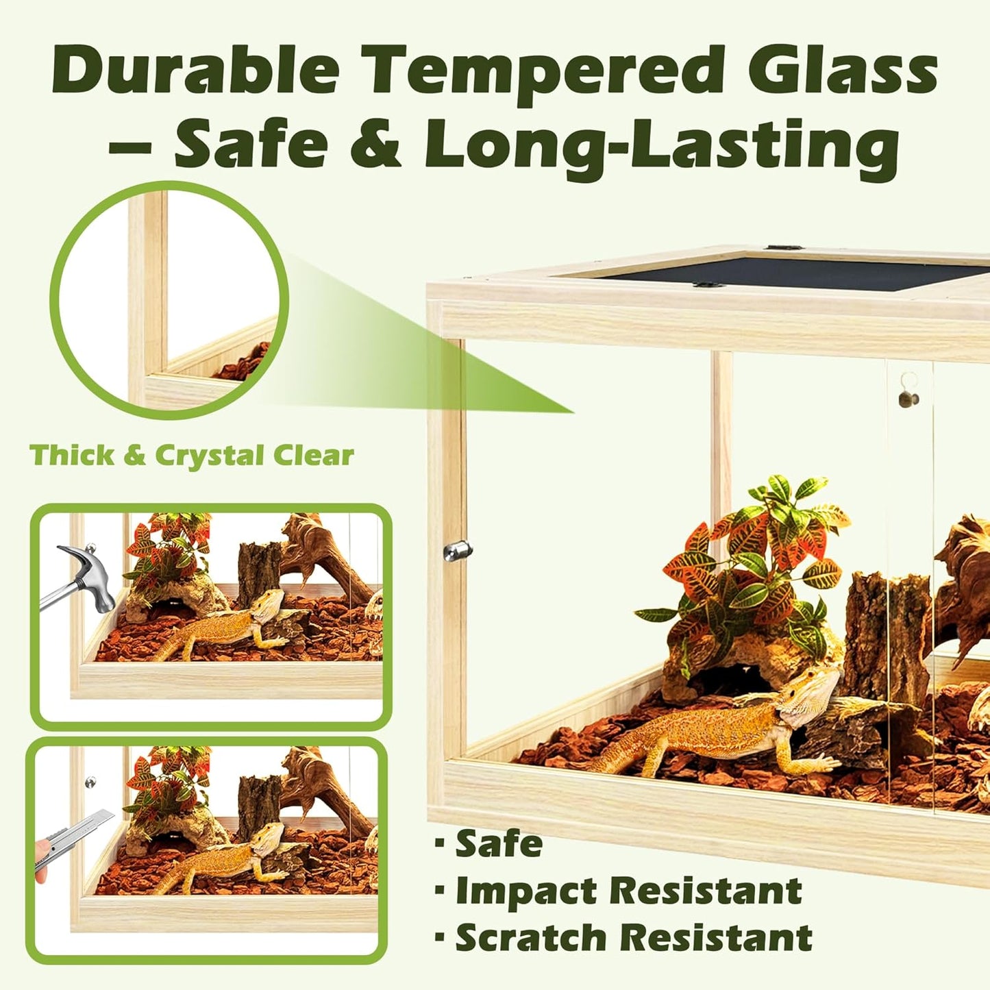 Tempered Glass Bearded Dragon Tank 81 Gallon, Lizard Tank, Reptile Tank with Metal Mesh Roof Door, Snake Tank with Lock Design, 48" Long, Oak