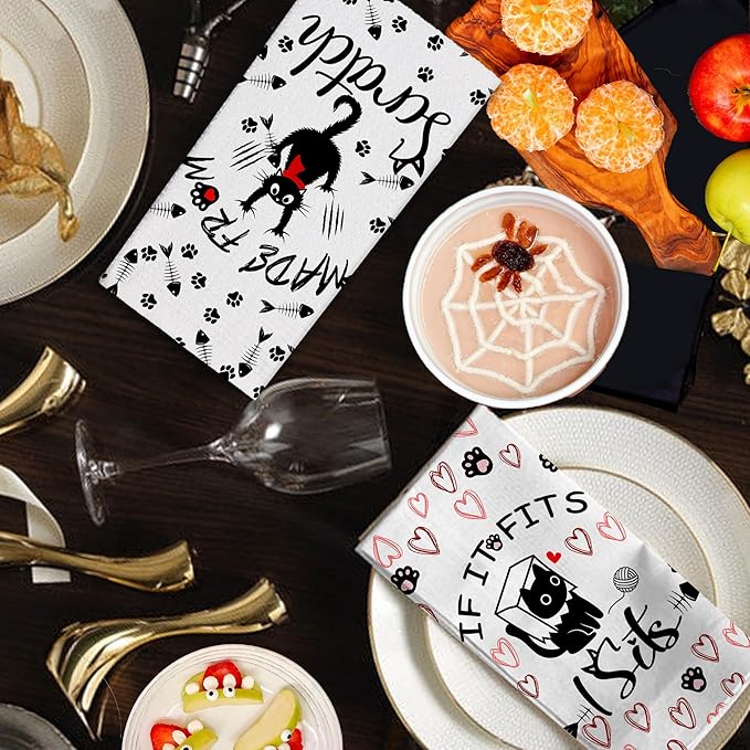 Cat Kitchen Towels Set of 2 - Hand and Dish Towels for Cat Lovers, Funny Tea Towels, Gifts for Women 18x28 Inches