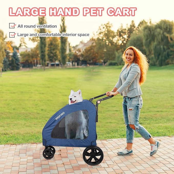 Large Dog Travel Stroller with 4 Heavy Duty Wheels Pet Stroller with Adjustable Handle - Double Doggie Capacity Jogger Wagon with Back Front Door for Small Medium Large Dogs (Navy)