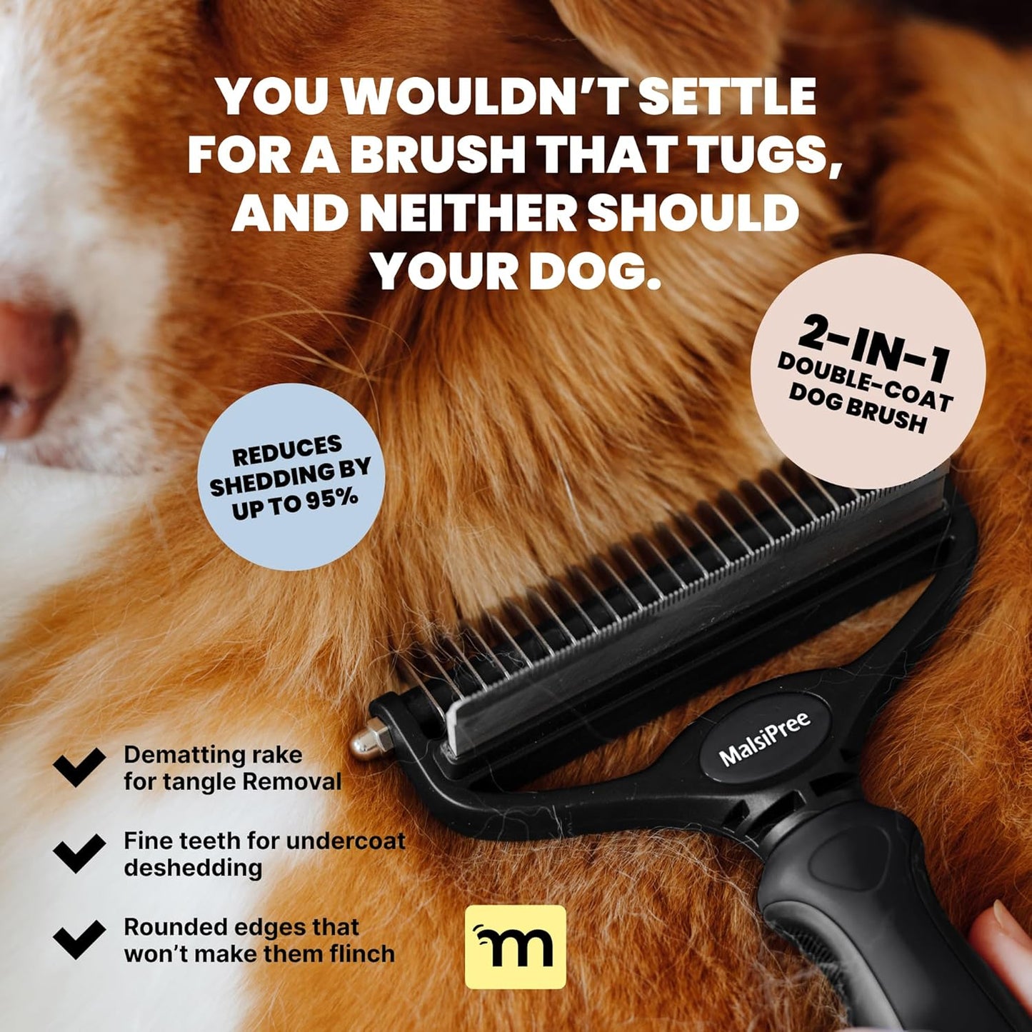 MalsiPree Dog Brush - Large, Black - 2-in-1 Undercoat Rake & Dematting Rake - Shedding Brush & Deshedding Tool for medium to Large Double-Coated Dogs & Cats