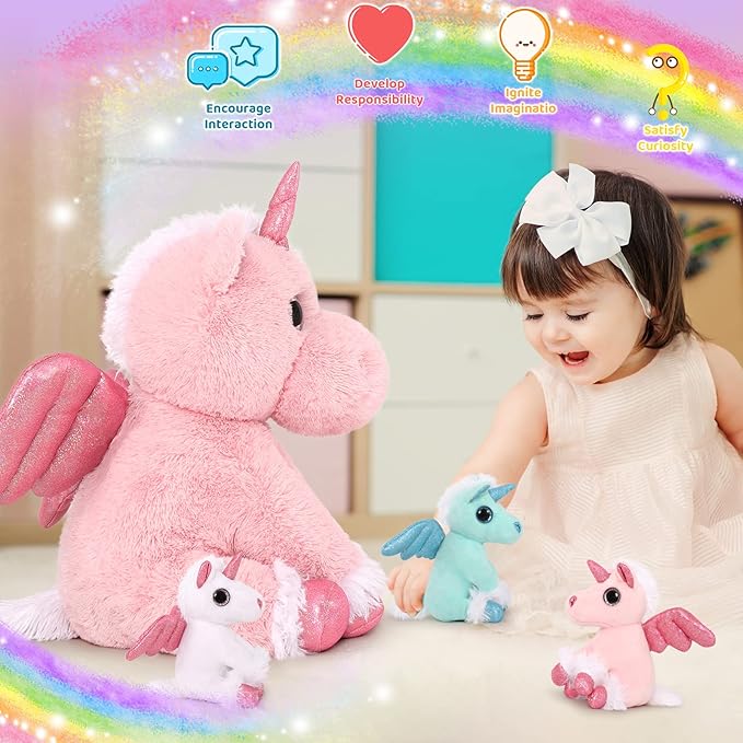 MorisMos Pink Unicorn Stuffed Animal with Babies,18'' Large Stuffed Mommy Unicorn Stuffy with Babies for Kid,4Pcs Unicorn Plush Toy Gifts for Girl,Pregnant Stuffed Animals for Baby Shower Birthday