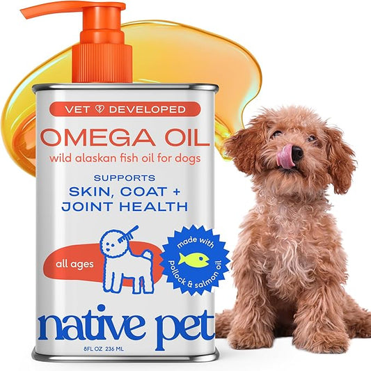 Native Pet Omega 3 Fish Oil for Dogs & Cats - Promotes Healthy Skin, Shiny Coat, & Strong Joints - Made with Wild Alaskan Salmon Oil for Dogs – Tasty, Fast-Absorbing Omega 3 6 9 Liquid Supplement-16oz