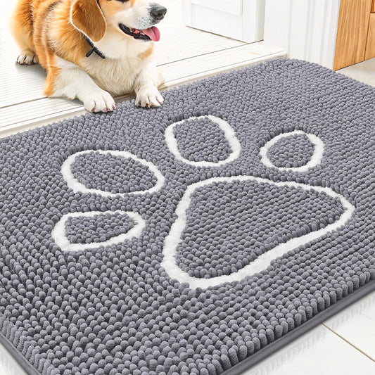 Smiry Dog Door Mat for Muddy Paws, Absorbent Dirt Trapper Non Slip Quick Dry Washable Chenille Mat for Mud Dogs, Entry Rug for Indoor and Outdoor (30x20 Inches, Grey and White)