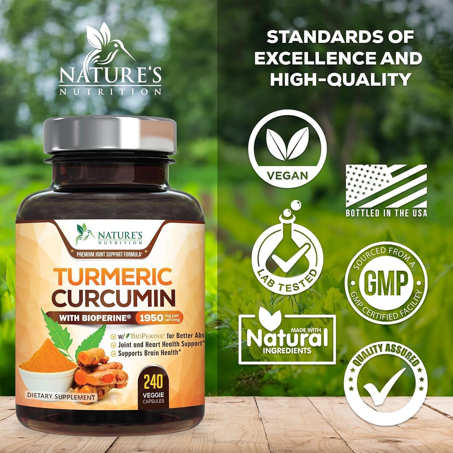 Turmeric Curcumin Supplement 1950mg - 95% Curcuminoids with Organic Turmeric & BioPerine Black Pepper Extract for Best Absorption, Nature's Vegan Joint Support, Non-GMO, Bottled in USA - 240 Capsules
