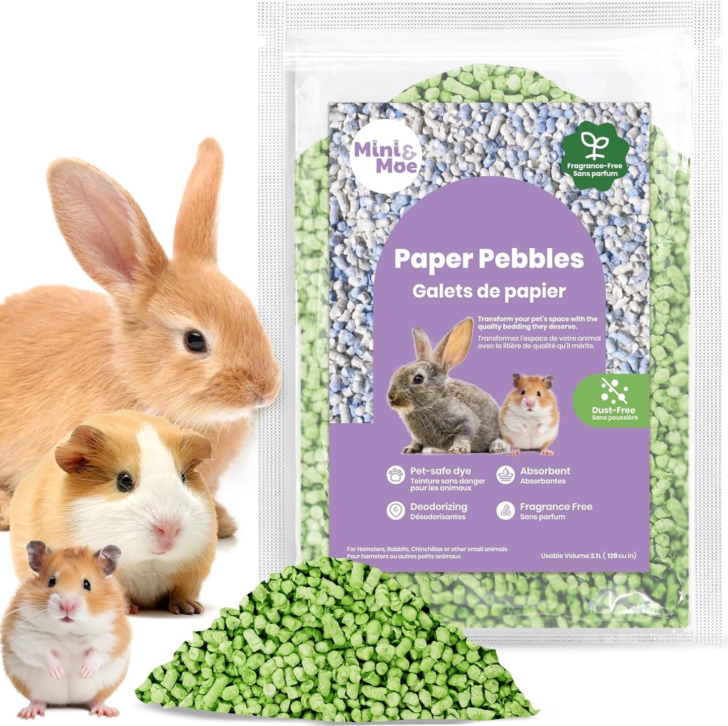 mini&moe Small Animal Paper Pellet Bedding: Odor & Moisture Absorbent Natural Paper Pellet Bedding - for Guinea Pigs, Hamsters, and Rabbits, 1.98lb