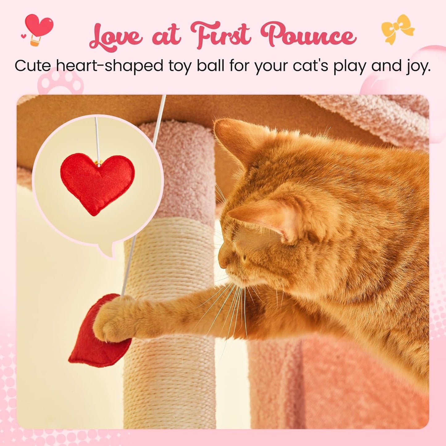 MWPO Cute Cat Tree, 70.1-Inch Tall Pink Cat Tower for Indoor Cats Large Adult, Multi-Level Cat Condo with 5 Scratching Posts, 2 Padded Perches, Hammock, Dangling Toys