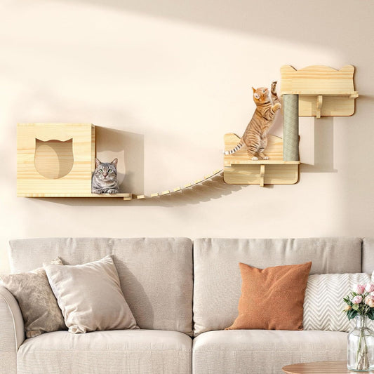 Cat Wall Shelves, Cat Wall Furniture Pine Wooden Feline Shelf, 5 Piece Shelves and Perches with Bed, House, Steps, Bridge Ladder and Scratching Post