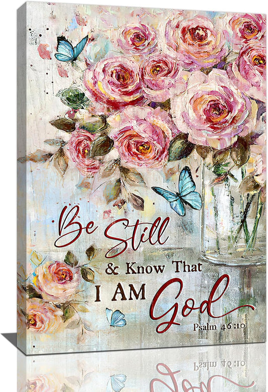 Farmhouse Rose Wall Art Christian Scripture Pictures Pink Rose Wall Decor Rustic Floral Butterfly Canvas Print Painting Artwork for Bathroom Living Room Bedroom 16"x24"