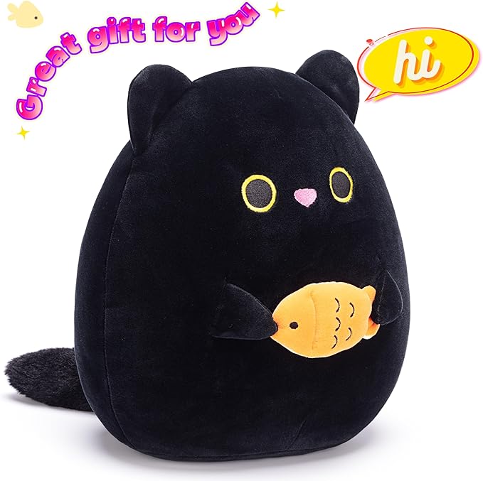 Original 12-inch Large Black Cat Plush Pillow Stuffed Animal Toy,Big Size Cute Soft Fat Hugging Cuddle Huggable Plushie,Gift for Kids