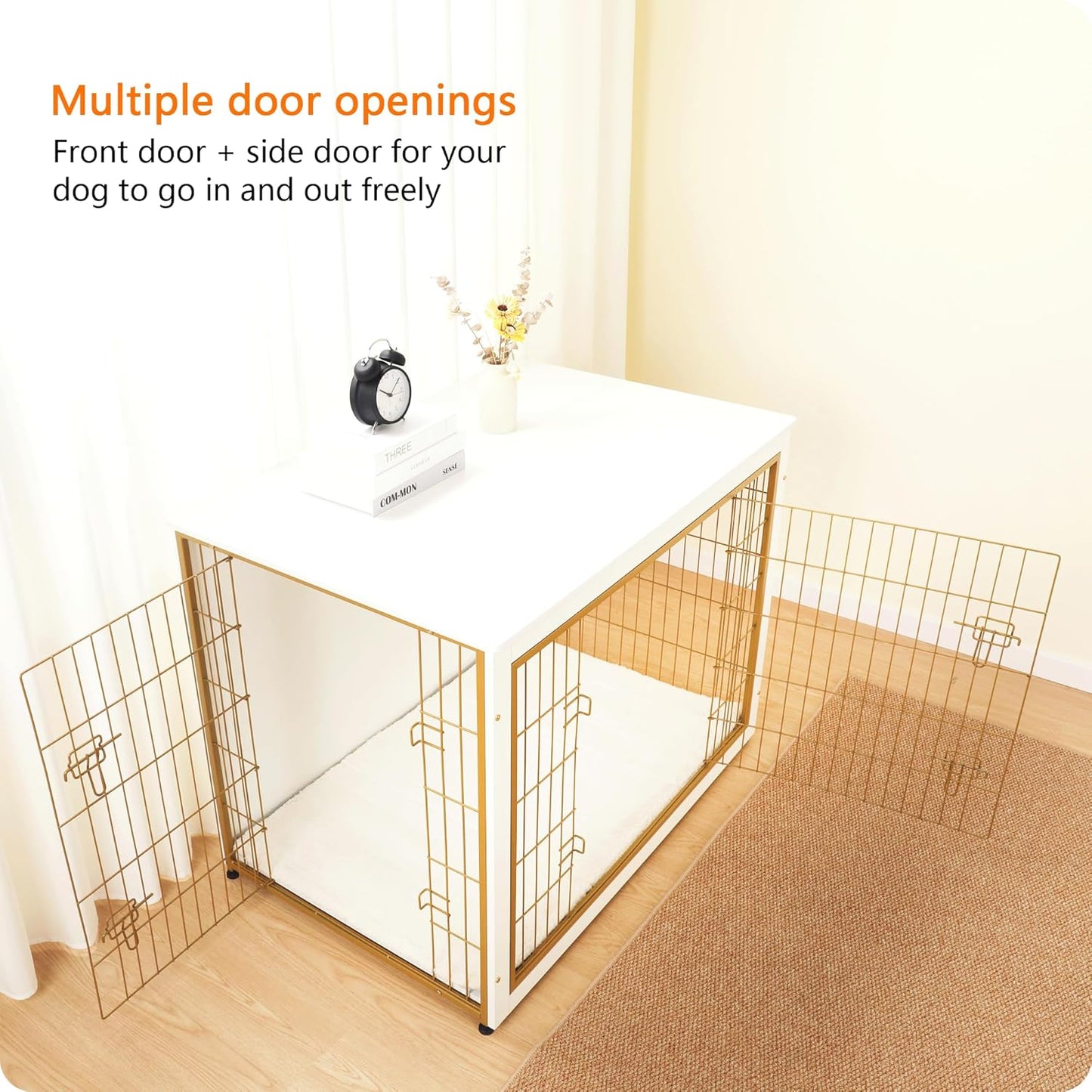 DWANTON Dog Crate Furniture with Cushion, Wooden Kennel Table with Double Doors, Indoor Dog House, Extra Large Size, 43.3" L, White+Gold