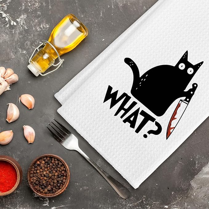 Funny Black Cat Kitchen Towels, Humorous What？Kitty Hand Towels, Funny Black Cat Lovers Mom Lady Owners Gifts for Bathroom Kitchen Decor Soft Dish Cloth for Women, 16x24 Inches