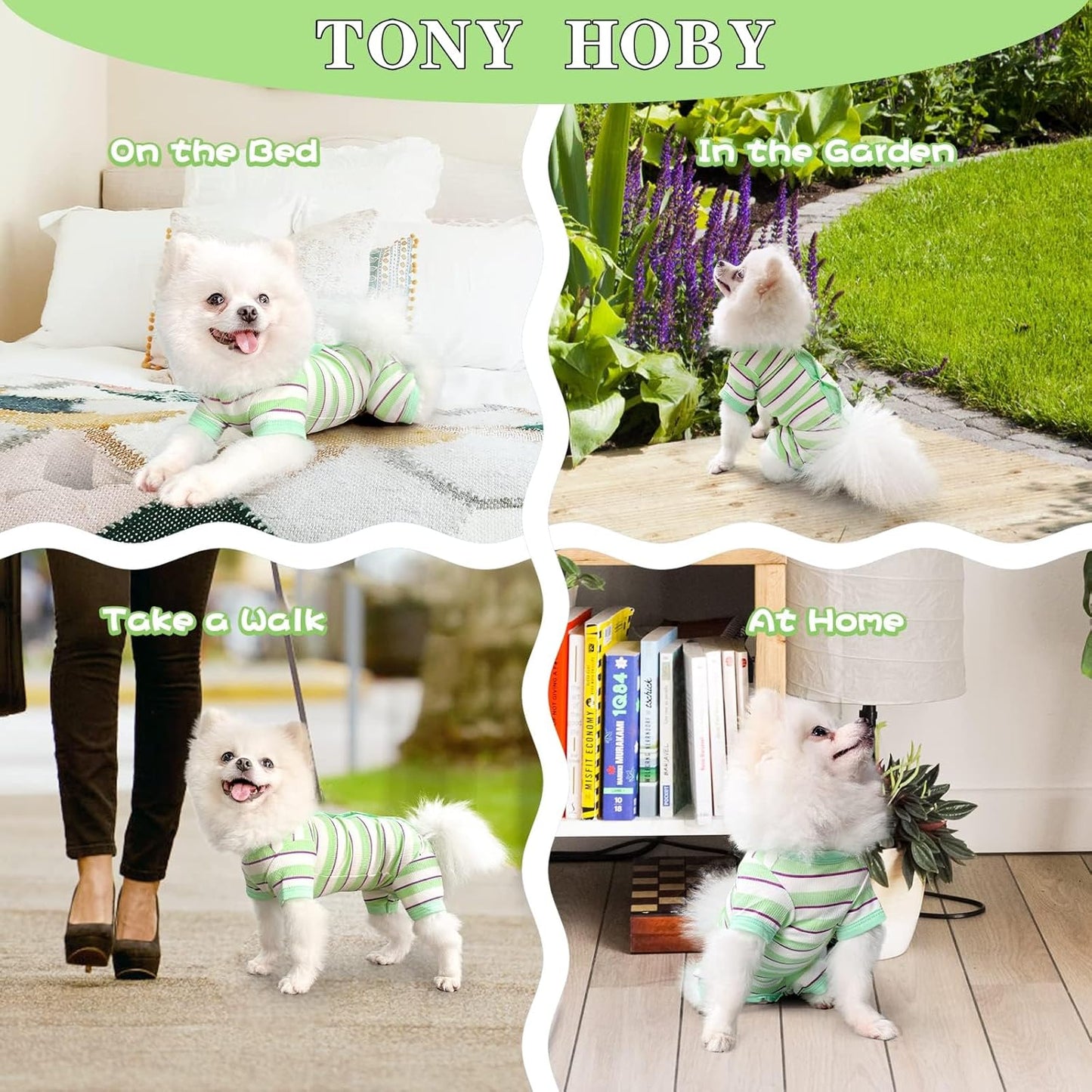 TONY HOBY Dog Pajamas, Male Dog Jumpsuit with Green Stripe, Dogs Clothes for Small Medium Size Dogs (Green&White, Boy, L)