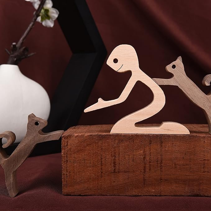 Cat Figurines Home Decor Nature Wood Carved a Man Two Cats Sculpture