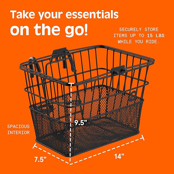 Retrospec Apollo Detachable Front Bike Basket Steel Half-Mesh with Integrated Detachable Hooks and Built-In Handle, Easy Assembly and Portability for Bicycles