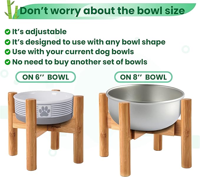 Dog Bowl Stand for Medium Breeds - Raises Bowls to 9-inch High, Ants/Bugs-Off - Adjustable, Fits Various Sizes of Dog Food/Water Bowls and Slow Feeders - Bamboo