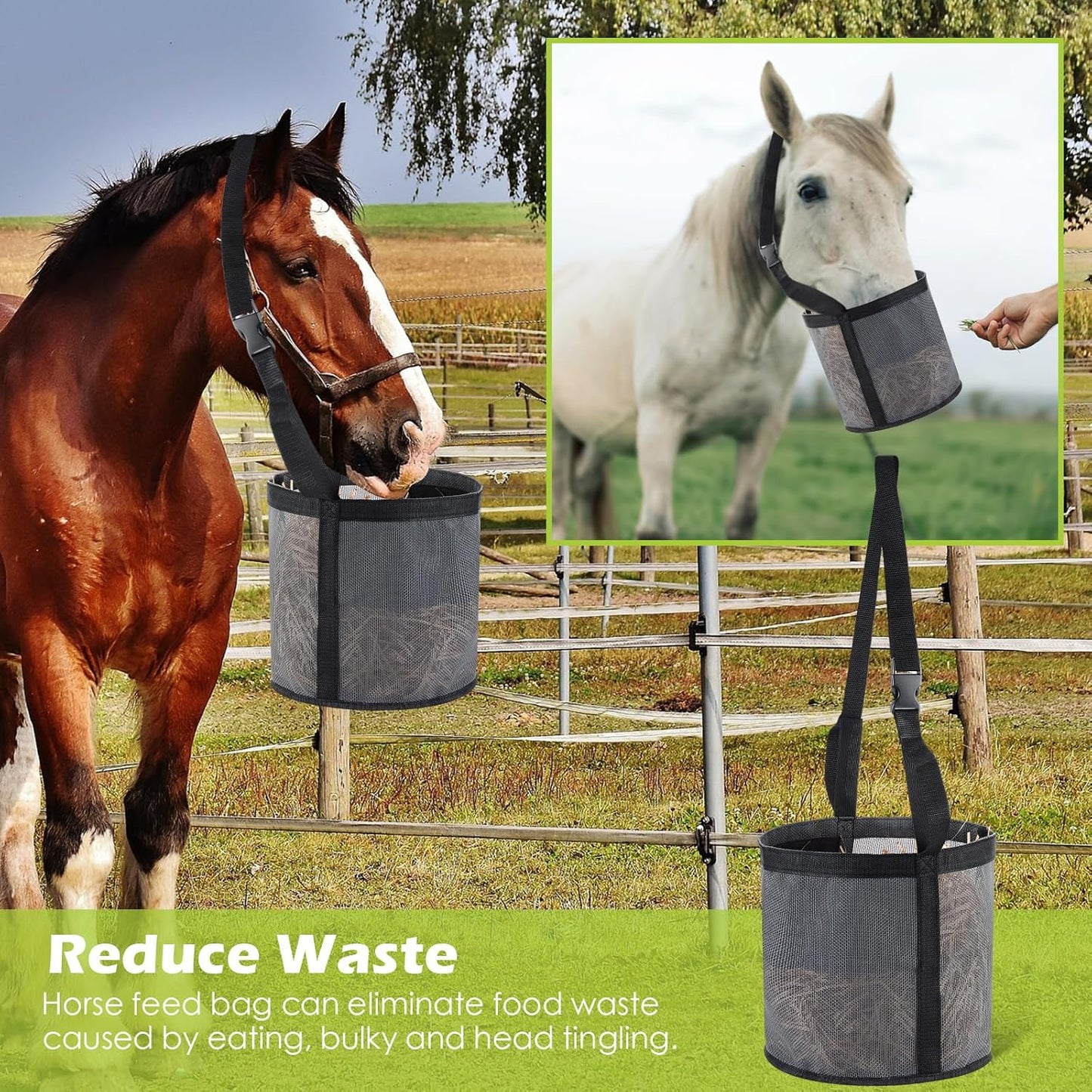 2 Pcs Horses Feed Horse Bag for Grain Hay Bags Heavy Duty Mesh Horse Feeder with Adjustable Strap Comfort Neck Pad Nose Pad and Waterproof Bottom Muzzle(Gray)