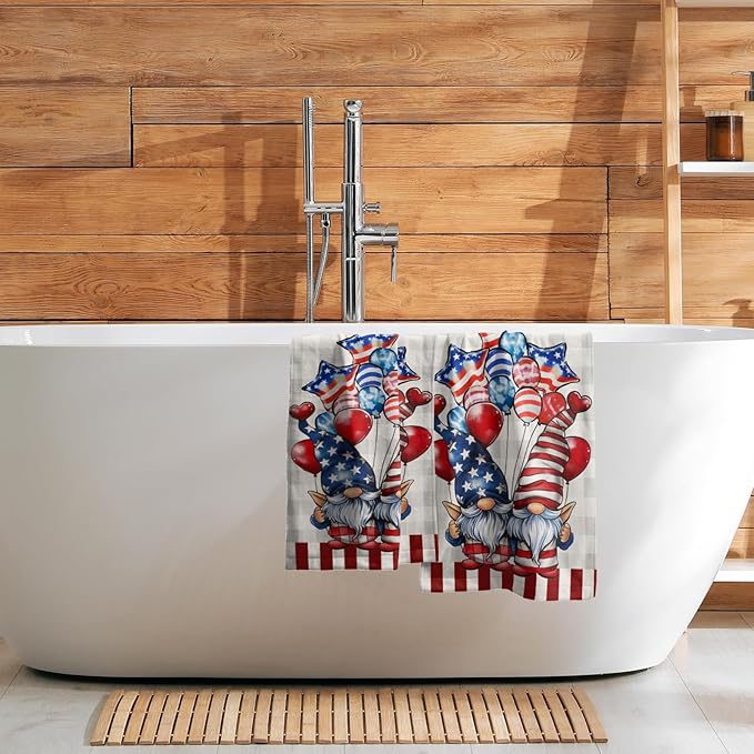 Patriotic Gnomes Hand Towels Set of 2 American Flag Kitchen Dish Towel Star Balloon Soft Microfiber Face Towel for Bathroom Home Decor