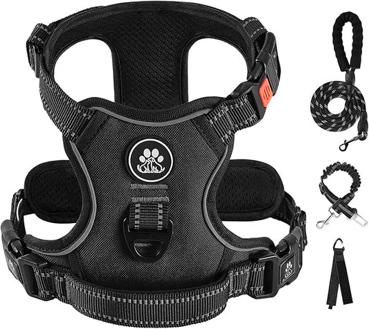 IVY&LANE No Pull Dog Harness for Medium Dogs, Dog Vest Harness with Leash, Safety Belt and Storage Strap, Fully Adjustable Harness, 360° Reflective Strip, Soft Handle (Black, M)