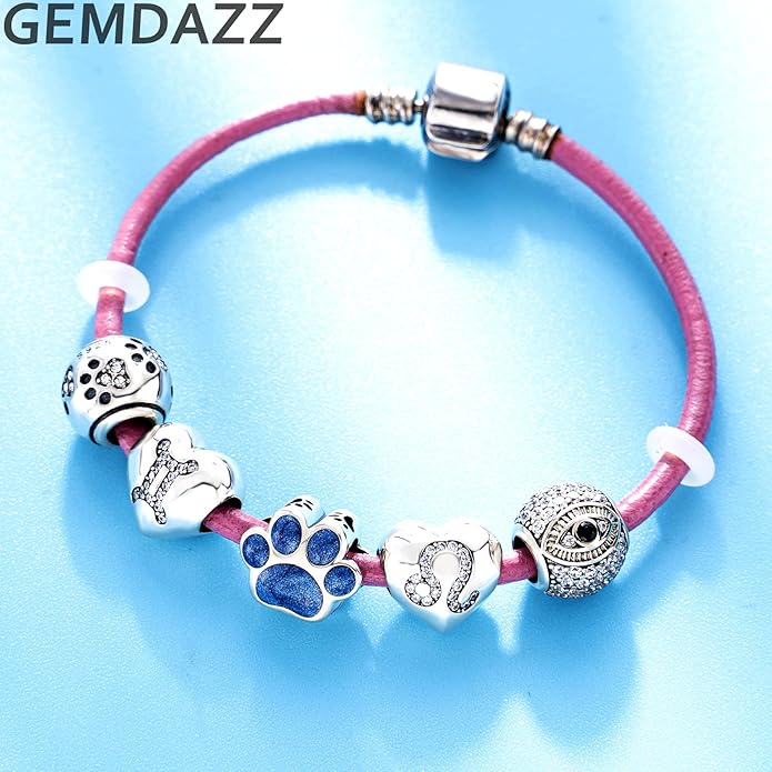 GEMDAZZ Sparkling Puppy Paw Print Charms in 925 Sterling Silver, Pave Dog Pawprint CZ Round Beads and Always in My Heart Charms, Gift for Animal Lover, fit European Women Bracelet/Necklace