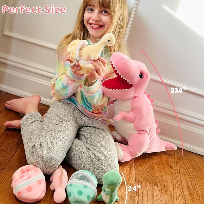 MorisMos Dinosaur Stuffed Animal with Babies,23.6'' Big Mommy Stuffed Dino T-rex with 3 Baby Dino Stuffed Toys & 3 Eggs Plush Inside Belly, Boy Girl Dinosaur Toys for Kids 3-5, Pink T-rex Toys Gift