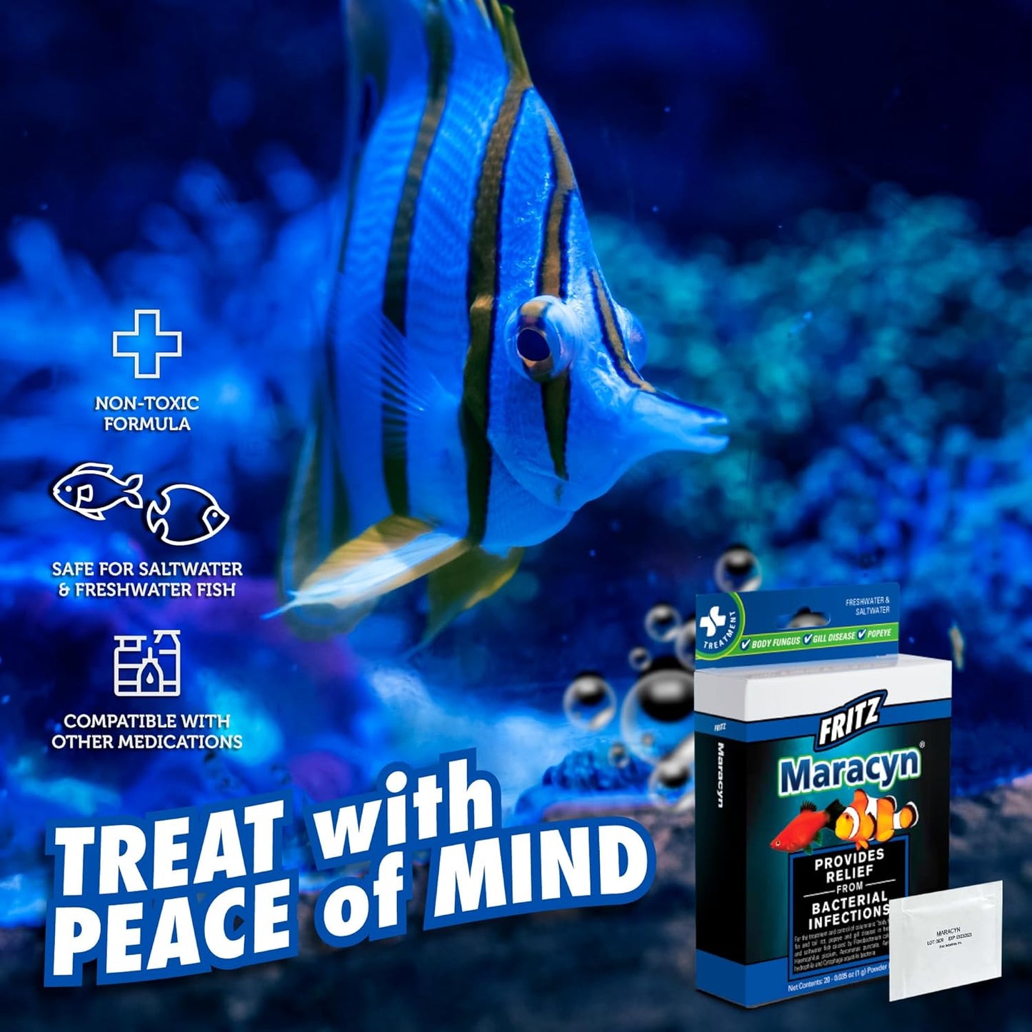 Fritz Maracyn - for Saltwater and Freshwater gram-Positive Relief from Bacterial gil, Popeye, More - Easy dose Packets, 20 Count