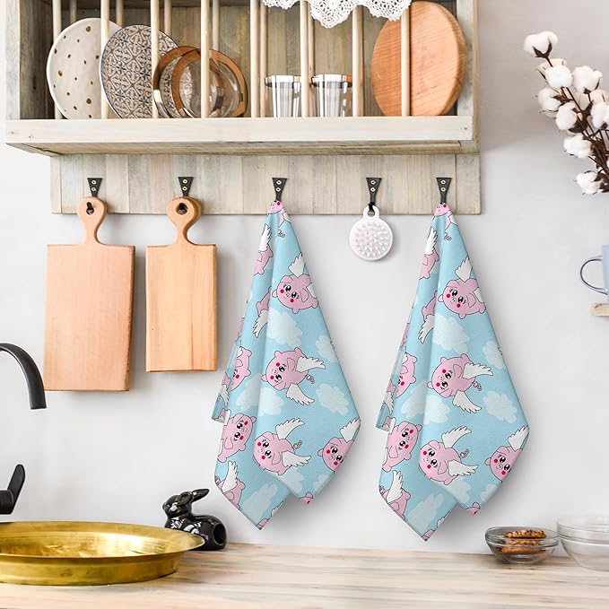 Funny Flying Piggies Kitchen Towels Decorative Set, Absorbent Cute Piggy Hand Tea Dish Towels, Pig Kitchen Decor, Gift for Pig Lovers Women Girls Set of 2 16x24 Inch