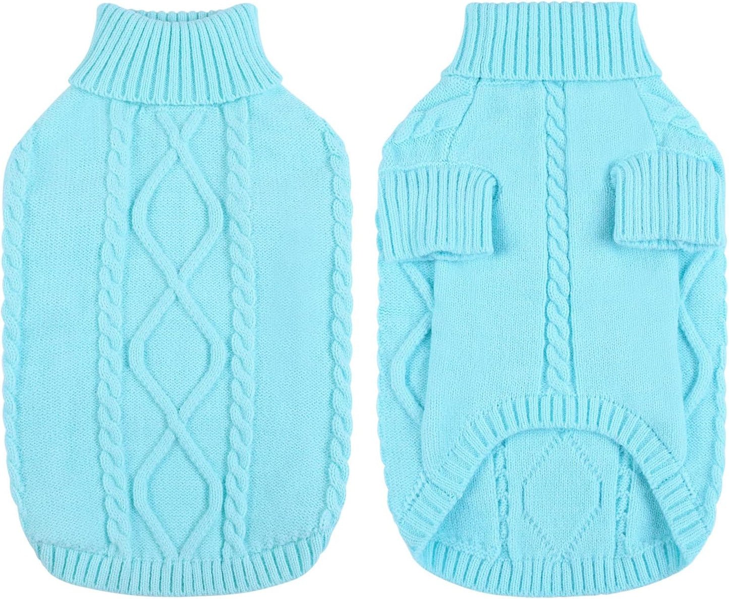 Queenmore Small Dog Pullover Sweater, Cold Weather Cable Knitwear, Classic Turtleneck Thick Warm Clothes for Chihuahua, Bulldog, Dachshund, Pug (Sky Blue, X-Large)