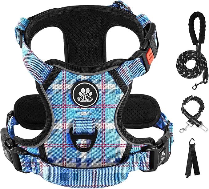 IVY&LANE No Pull Dog Harness with Leash Set, Reflective No Choke Pet Vest,Adjustable Oxford Dog Vest Harness with Easy Control Handle for Small Dogs (Checkered Blue,S)