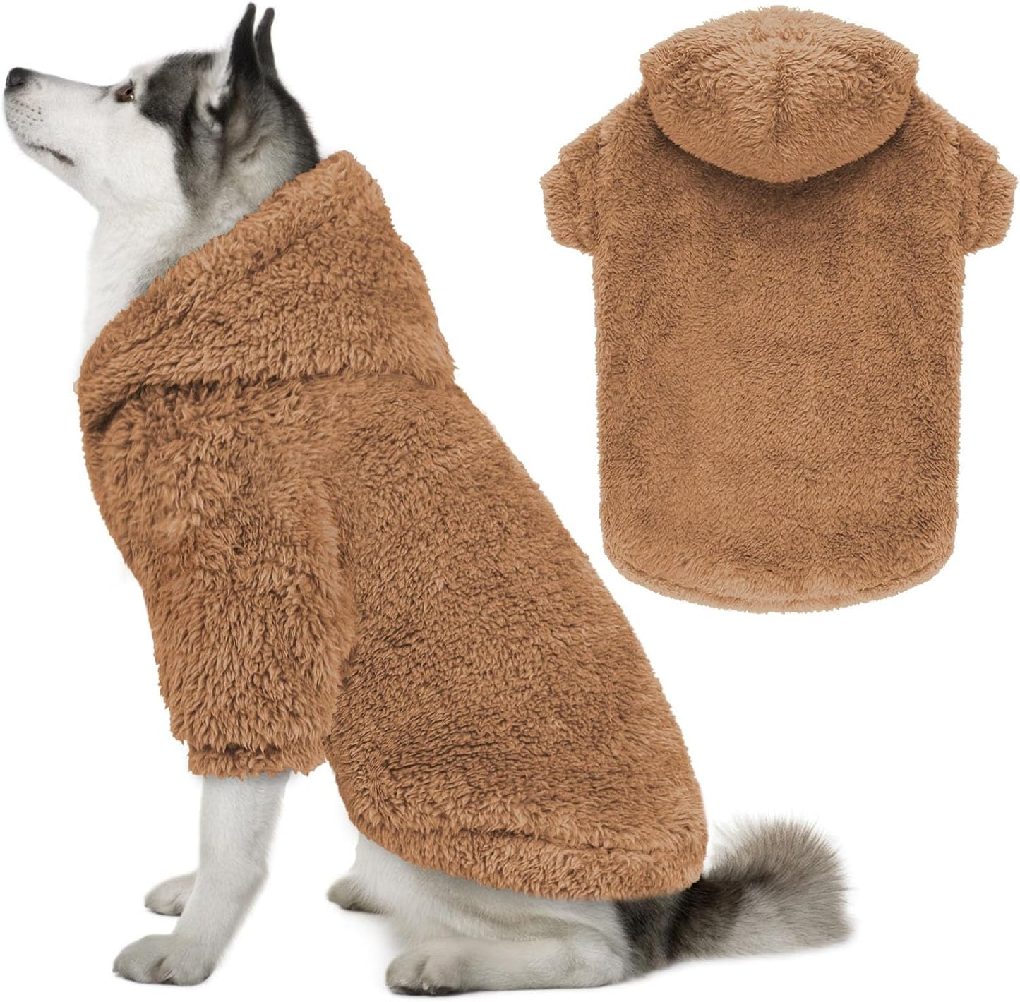 Fuzzy Dog Hoodie Dog Sweaters for Large Dogs Soft Double-Sided Plush Fleece Pet Sweater Pet Clothes Coats Hoodie Sherpa Hooded Sweatshirt(Coffee-XXL)
