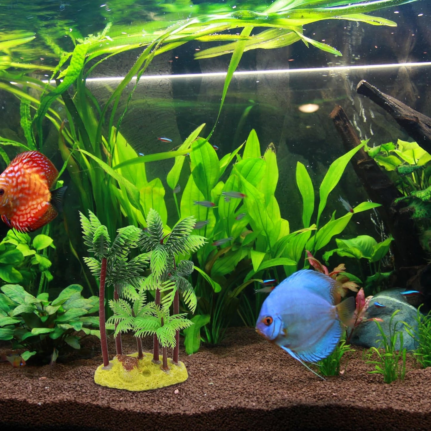 Aquarium Decoration,Plastic Palm Tree Plant for Aquarium Fish Tank,5.4Inch(Green/Brown)