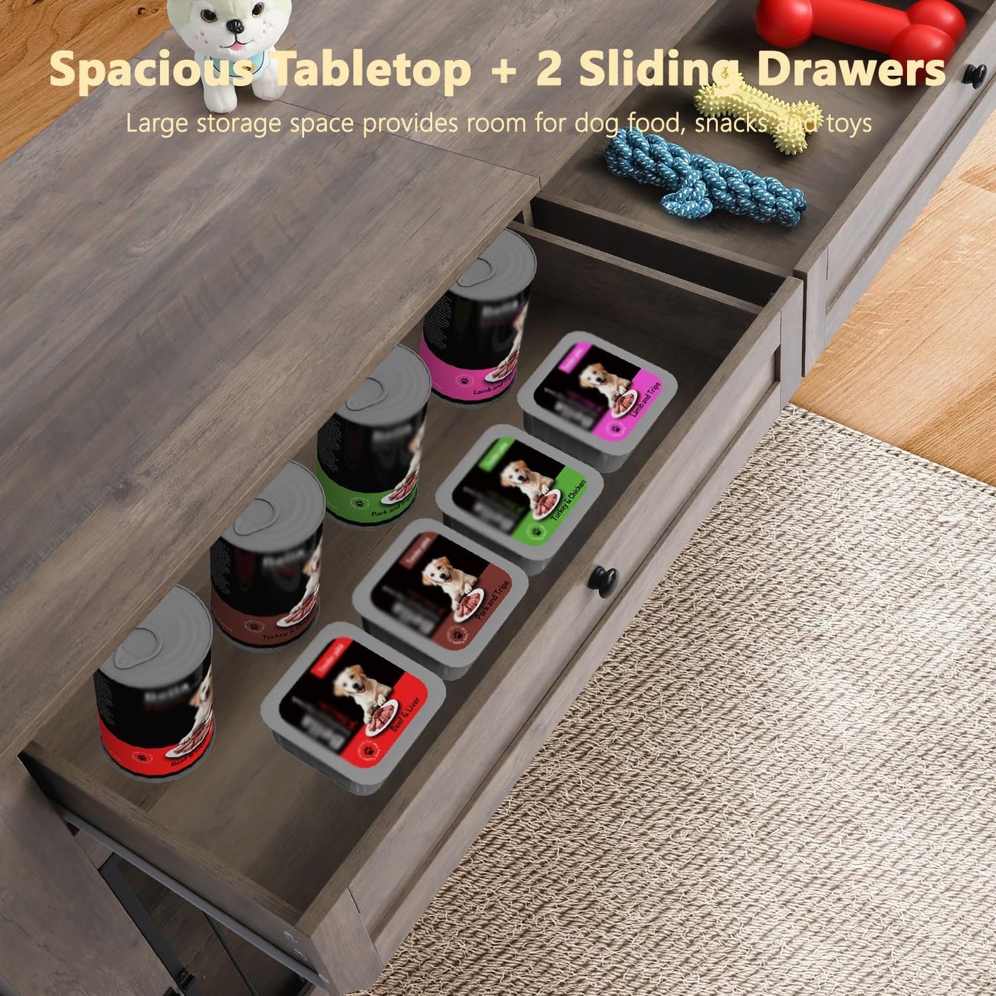 Large Dog Crate Furniture-Decorative Heavy Duty Dog Cage Indoor, Wooden Dog Cage End Table with Charging Station, Dog House with 2 Drawers (Gray, 70.86''L)