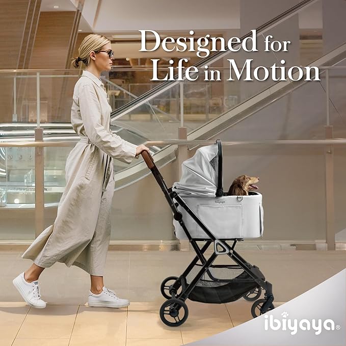 ibiyaya Tinker Pet Stroller for Small Dogs and Cats – 3-in-1 Pet Carrier, Dual-Opening Canopy, No-Flat Wheels, Vegan Leather Handle, Large Storage Basket (Silver Gray)