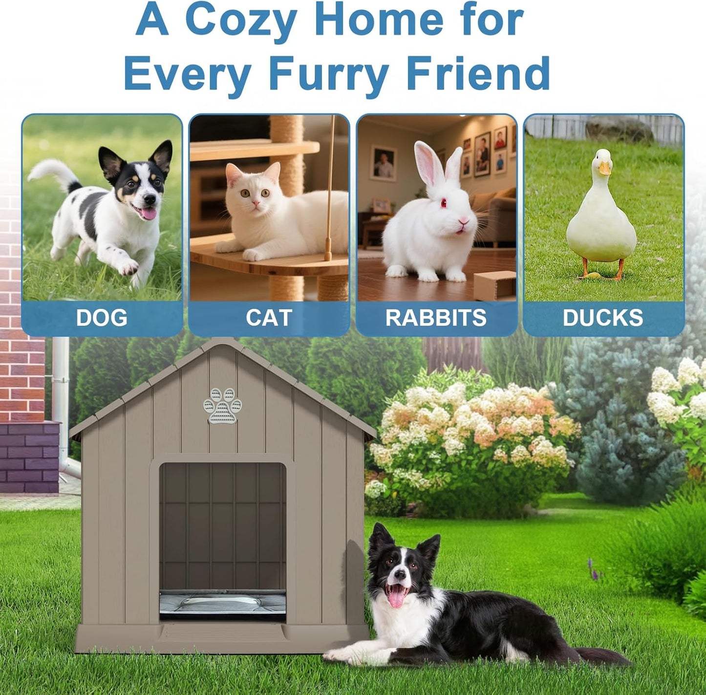 Dog House Indoor Outdoor for Small to Large Sized Dogs Resin Outdoor Dog House with Ventilation Puppy Shelter with Elevated Floor, Easy to Assemble, Blue