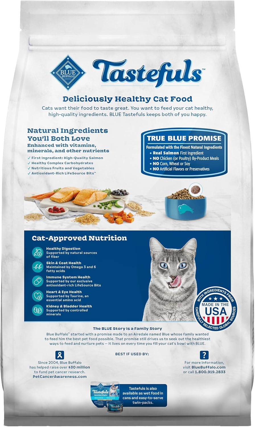 Blue Buffalo Tastefuls Natural Dry Food for Adult Indoor Cats, Salmon & Brown Rice Recipe, 3-lb. Bag