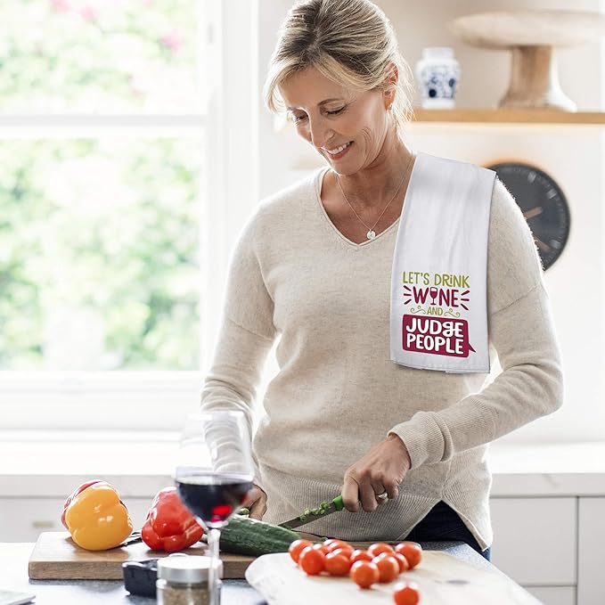 Chris's Stuff Flour Sack Cotton Towel 27" x 27" - Perfect for Glassware & Kitchen - Funny Quote ( Let's Drink Wine And Judge People )