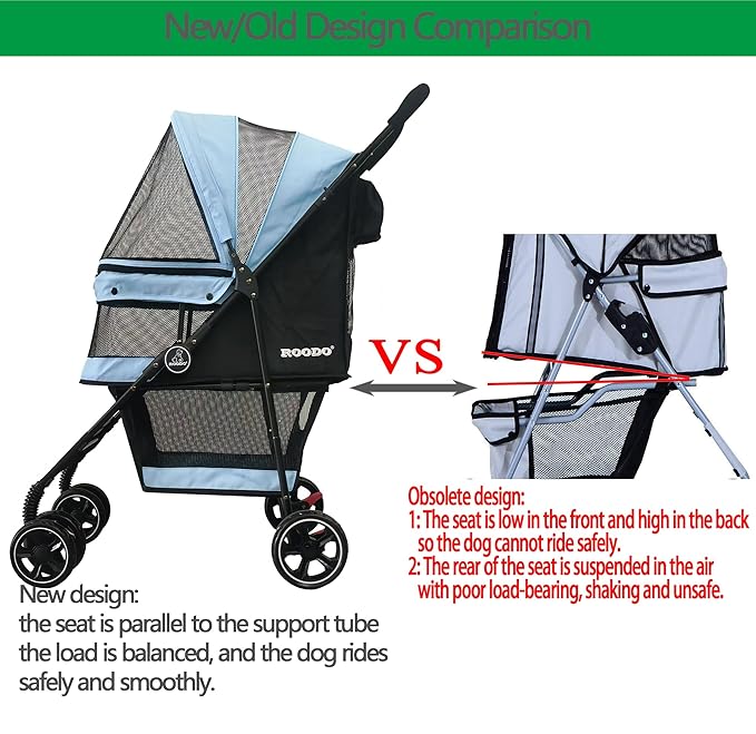 ROODO 4 Wheel Dog Cat Pet Stroller Best Lightweight Foldable Compact Portable Jogger All Terrain Travel Pet Gear Puppy Doggie Bunny Kitty Stroller for up to 30lbs Medium Small Dogs Cats(Sky Blue)