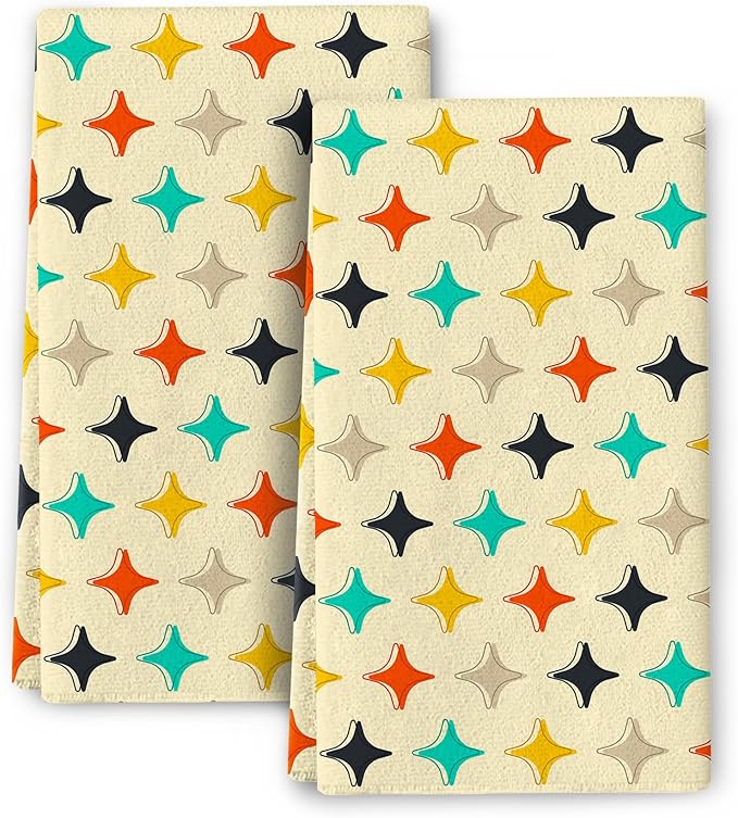 Mid Century Modern Stars Retro Kitchen Towels Decorative Set Absorbent Vintage Yellow Hand Towels Tea Towels Hand Towels for Kitchen Bathroom Bar Decor Accessories Housewarming Gifts