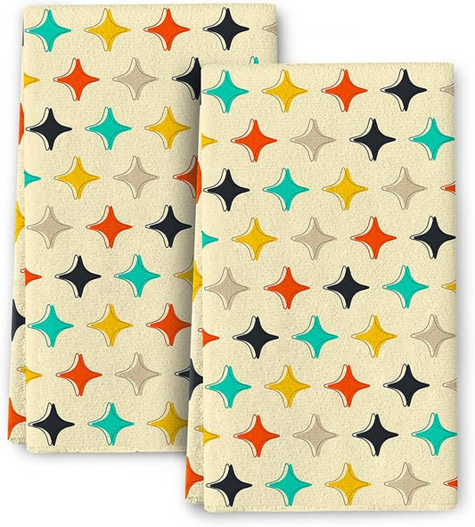 Mid Century Modern Stars Retro Kitchen Towels Decorative Set Absorbent Vintage Yellow Hand Towels Tea Towels Hand Towels for Kitchen Bathroom Bar Decor Accessories Housewarming Gifts