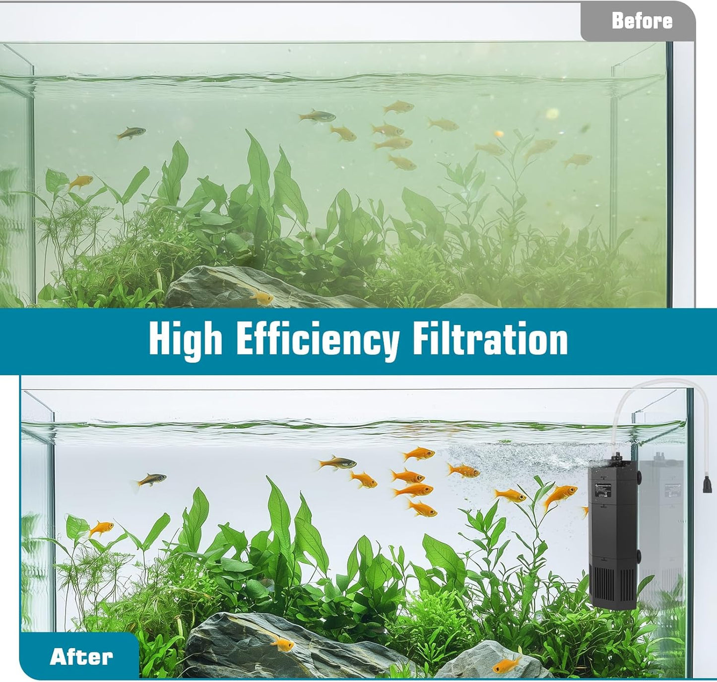 AQQA Aquarium Filter for 80-150Gal Fish Tank Submersible Internal Filters Multifunctional for Filtration, Circulation and Oxygenation Ultra Quiet for Freshwater & Saltwater Crystal Clear (15W,400GPH)
