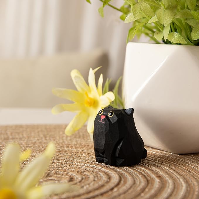 Cute Small Wood Black Cat Figurine, Handmade Carved Statue Home Decor, Unique Figure Collectibles Gift for Cat Lovers