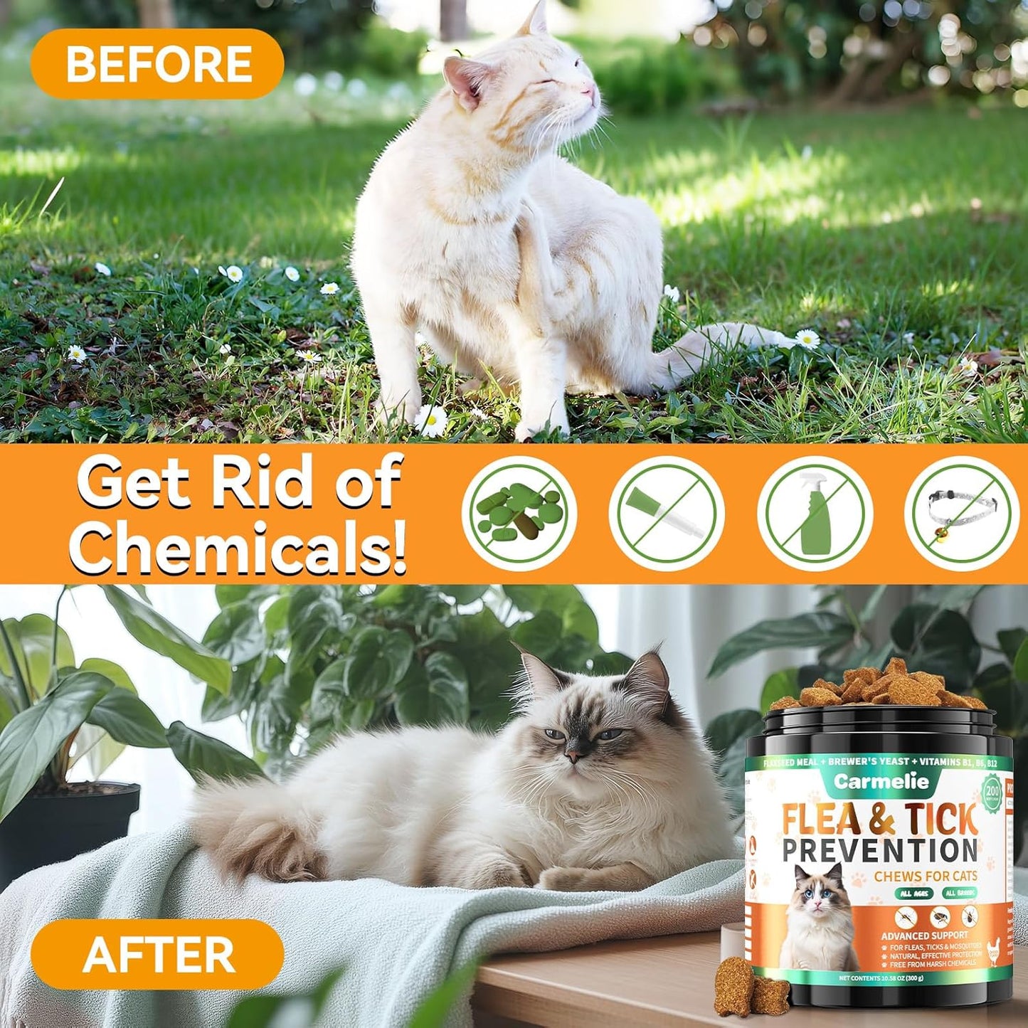 Flea and Tick Treatment for Cats - 200 Chews Flea and Tick Prevention for Cat Chewables - Flea Treatment for Cats All Breeds & Ages - Natural Cat Fleas and Ticks Defense - Chicken Flavor