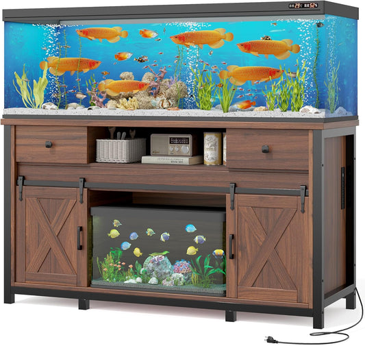 Miereirl 75-120 Gallon Fish Tank Stand with Power Outlet – Heavy Duty Aquarium Stand, Rustic Farmhouse Style, 1000 lb Capacity, Adjustable Storage & Sliding Barn Doors, Light Brown