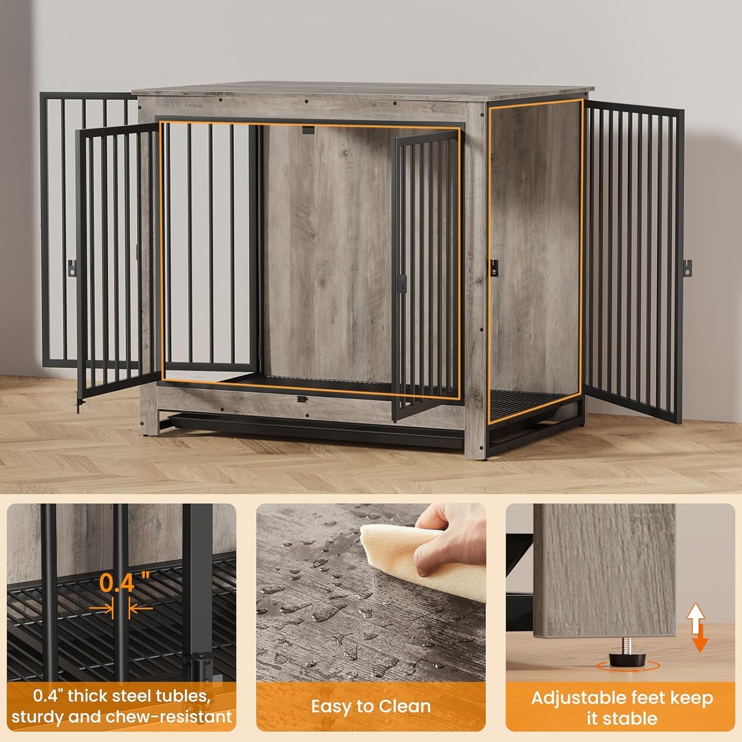Dog Crate Furniture, Large Dog Crate Furniture, Dog Crate End Table for Large and Medium Dogs, Wooden Cage Kennel Furniture Indoor, Modern Dog Crate with Multi-Purpose Removable Tray
