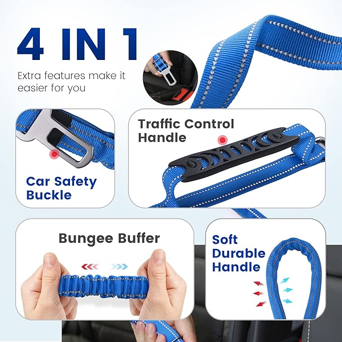 IOKHEIRA 6Ft /4Ft Dog Leash Rope for Large Dogs, Heavy Duty with Comfortable Padded Handle and Highly Reflective Threads,4-in-1 Multifunctional Dog Leashes with Car Seat Belt for Training (Blue)